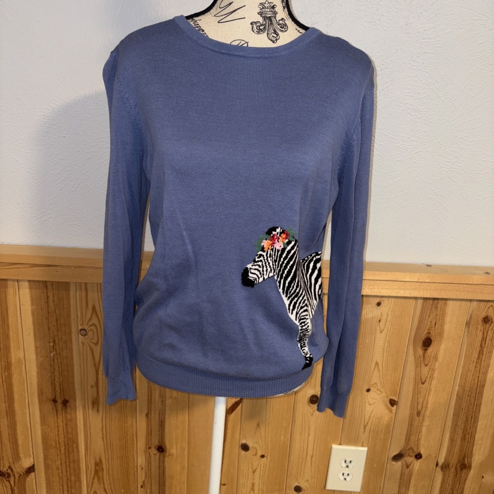 Sugarhill Boutique Brighton Sweater Womens Size 8 Blue Zebra Floral Crown B1